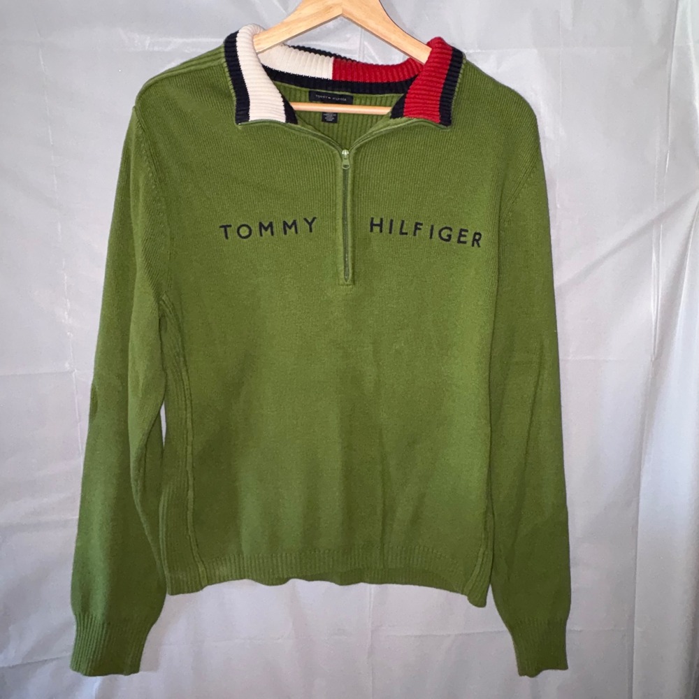 Tommy Hilfiger Green Quarter Zip Ribbed Cotton Sweater XL Embroidered Logo